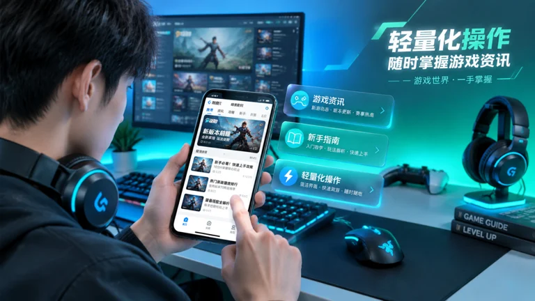 电竞风格的在线游戏平台资讯场景，展示游戏分类与新手指引